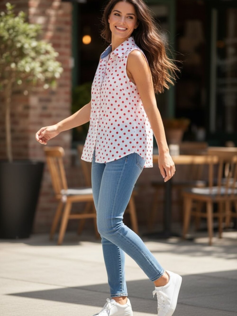 KAREN SCOTT, White and Red Polka Dot Sleeveless Button-Down Top, Size PL